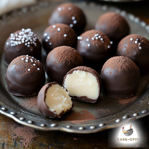 dark vintage plate with a selection of chocolate covered and cocoa dusted round marzipans truffles, one of them cut in half