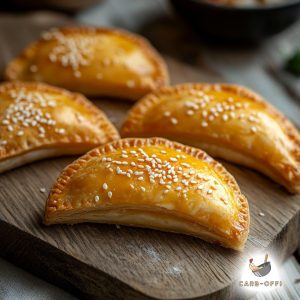 Four moon-shaped mini cheese pies sprinkled with sesame seeds on a wooden surface