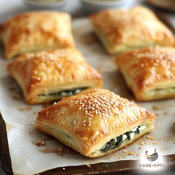 Five mini spinach parcels sprinkled with sesame seeds on a piece of parchment paper