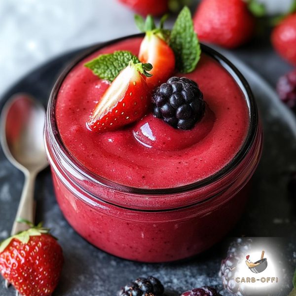 Mixed berries curd in an open mason jar placed on a dark grey square plate with a metal teaspoon on the side. The curd has 2 sliced strawberries and a blackberry on top.