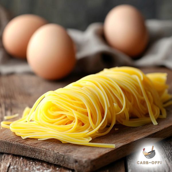 Bunch of yellow egg-noodles on a rectangular, wooden board, with three whole eggs on a grey fabric in the background