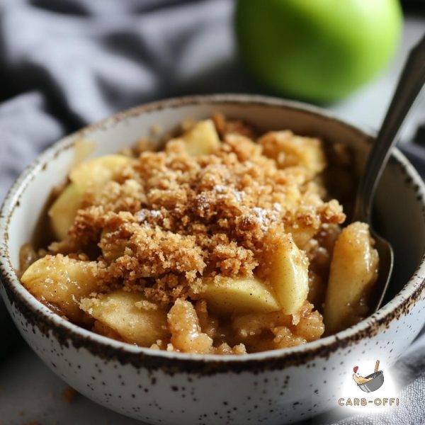 Vintage, grey bowl of apple crumble where you can see apple slices and biscuit crumbles, with a spoon dipped in there and a green apple in the background