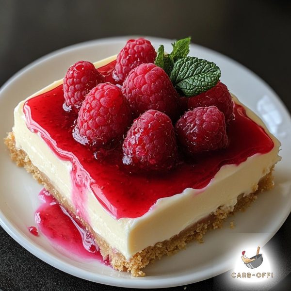 Square piece of rasberry cheesecake on a round white plate on a dark surface. Thin layer of biscuit base, thick layer of cream filling and thin layer of dripping raspberry compote topped with fresh raspberries and a piece of peppermint leaf.