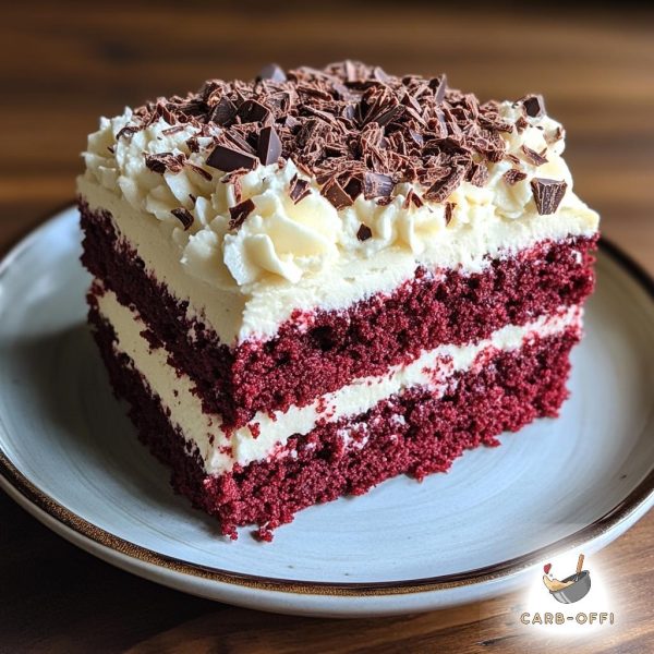 Square piece of a two-layered red velvet cake with cream cheese filling, topped with whipped cream and chocolate shavings on a light blue, round, vintage plate