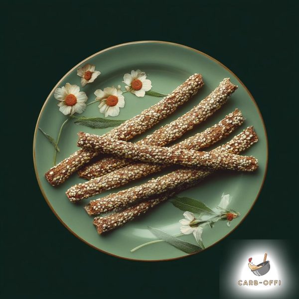 A few soft, sesame covered breadsticks on a vintage, floral, round, green plate