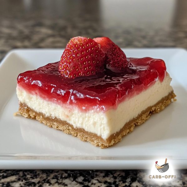 Square piece of strawberry cheesecake on a square white plate on a marble surface. Thin layer of biscuit base, thick layer of cream filling and then thin layer of strawberry jam and two fresh strawberries on top.