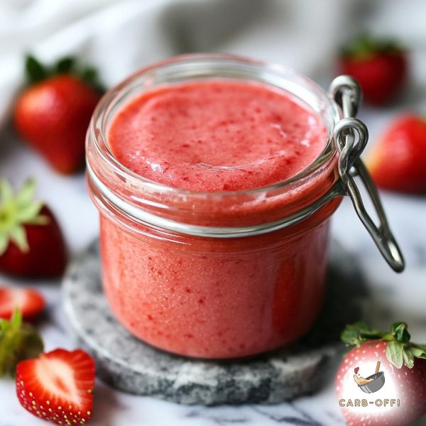 Strawberry curd in an open mason jar that is placed on a round. grey marble like surface surrounded by fresh strawberries