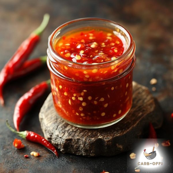 Sweet chilli sauce in a n open glass mason jar placed on a round wooden surface surrounded by loose chilli peppers.