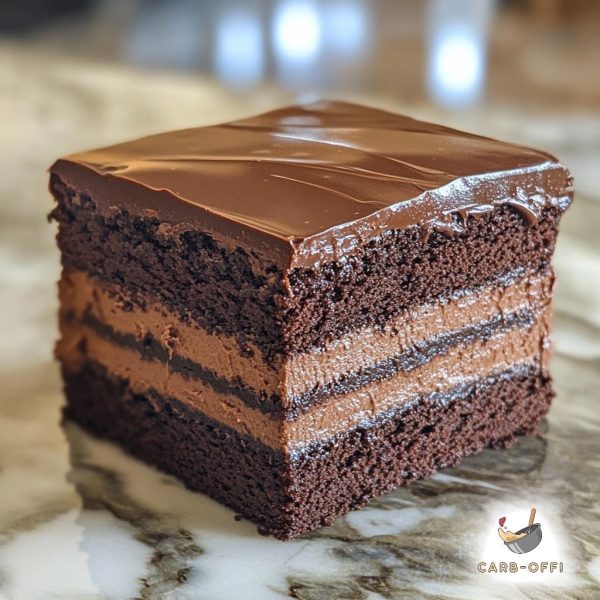 Square piece of a triple chocolate cake topped by chocolate ganache on a marble surface