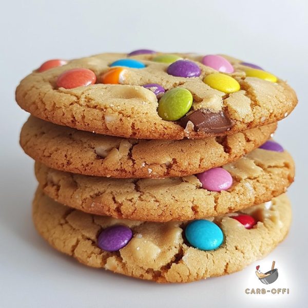 Four colourful chocolate buttons cookies stacked on a white surface