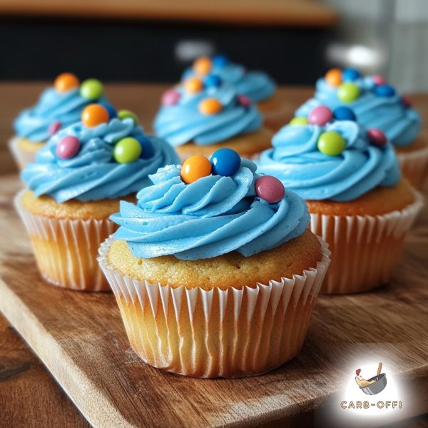 Four vanilla cupcakes with blue, bubblegum flavour frosting and colourful chocolate buttons on top, on a wooden board