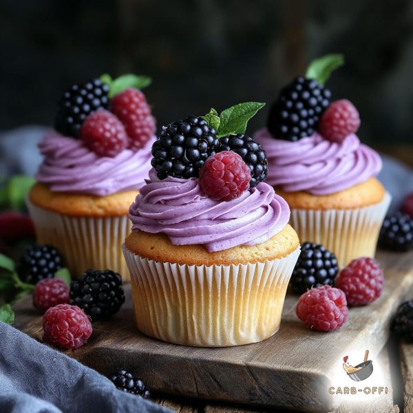 Three vanilla cupcakes topped with a violet coloured frosting topped with a few forest fruits on a wooden board