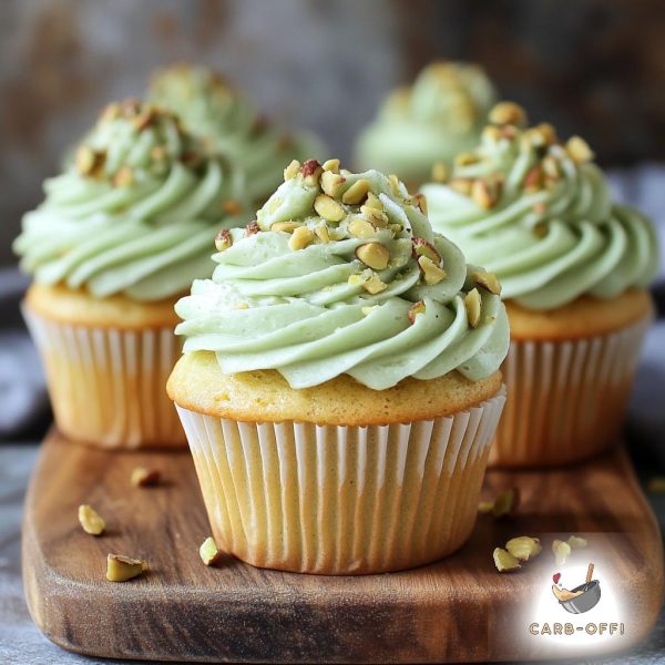 Three vanilla cupcakes with light green frosting topped with nibbled pistachios on a wooden board