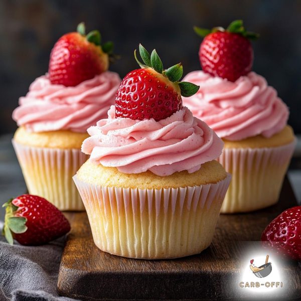 Three vanilla cupcakes with pink coloured, strawberry flavoured frosting, topped with one small strawberry each, on a wooden board