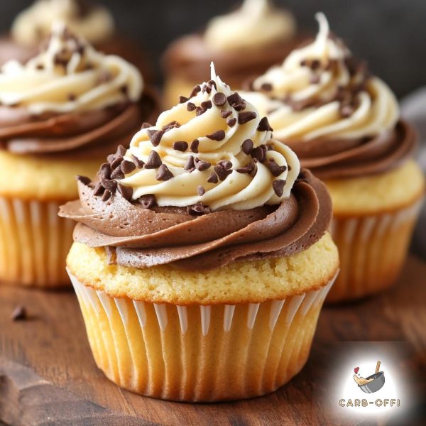 Four vanilla cupcakes with chocolate & vanilla frosting topped with chocolate chips on a wooden board