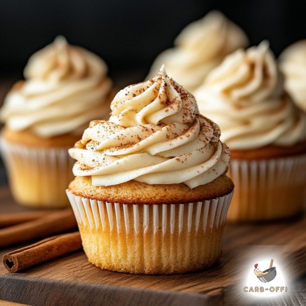 Four vanilla cupcakes with off-white vanilla frosting dusted with ground cinnamon on a wooden board