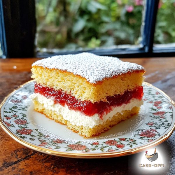 Square piece of Victoria sponge cake filled with vanilla cream & strawberry jam, dusted with icing sugar on a round, vintage, floral plate on a wooden table with a window in the background