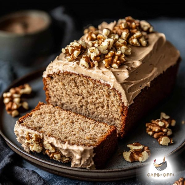 Rectangular walnut cake loaf topped with coffee cream frosting and nibbled walnuts on a round, grey plate