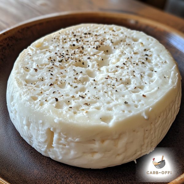 Round white wheel of cheese on a dark brown plate with a bit of black pepper on top