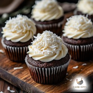 Four chocolate cupcakes with white, coconut flavoured frosting topped with desiccated coconut on a wooden board