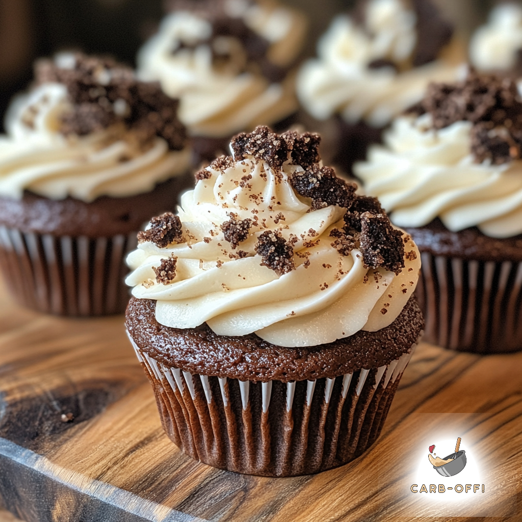 Several chocolate cupcakes with white, cookies & cream flavour frosting on a wooden board