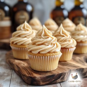 Six vanilla cupcakes with a light brown frosting dusted with cinnamon on a wooden board and a few rum bottles in the background