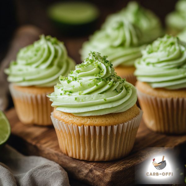 Four vanilla cupcakes with light green coloured frosting topped with lime zest on a rectangular wooden board