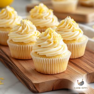 Six vanilla cupcakes with off-white coloured frosting topped with lemon zest on a rectangular wooden board