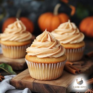 Three vanilla cupcakes with a faint orange coloured frosting on a rectangular wooden board with three small pumpkins in the background