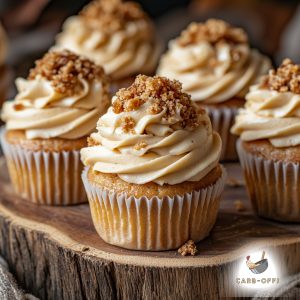 Five vanilla cupcakes with off-brown colour frosting topped with pieces of smashed caramel on a wooden board
