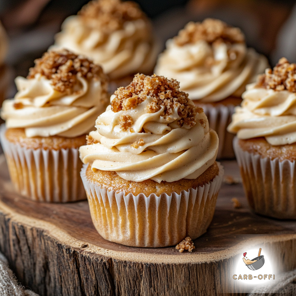Five vanilla cupcakes with off-brown colour frosting topped with pieces of smashed caramel on a wooden board