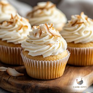 Four vanilla cupcakes topped with white frosting and toasted coconut slices on a wooden board
