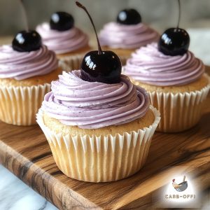 Five vanilla cupcakes with light purple coloured frosting topped with one black cherry each on a wooden board