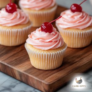 Four vanilla cupcakes topped with pink coloured frosting and a maraschino cherry on top of each one, on a wooden board