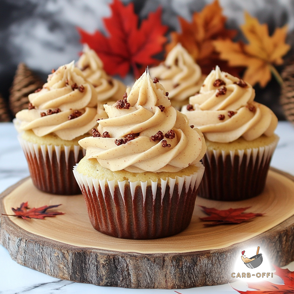 Five vanilla cupcakes with off brown coloured frosting topped with caramel nibbles on a round wooden board, with some maple leaves in the background