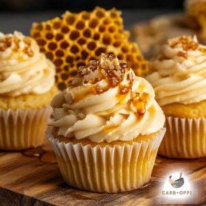 Three vanilla cupcakes topped with light brown frosting and runny honey and nibbled walnuts