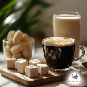 Transparent, glass cup of coffee on a wooden board on which we can also find 5 square pieces of off-brown fat bombs and a tall glass of Irish cream in the background