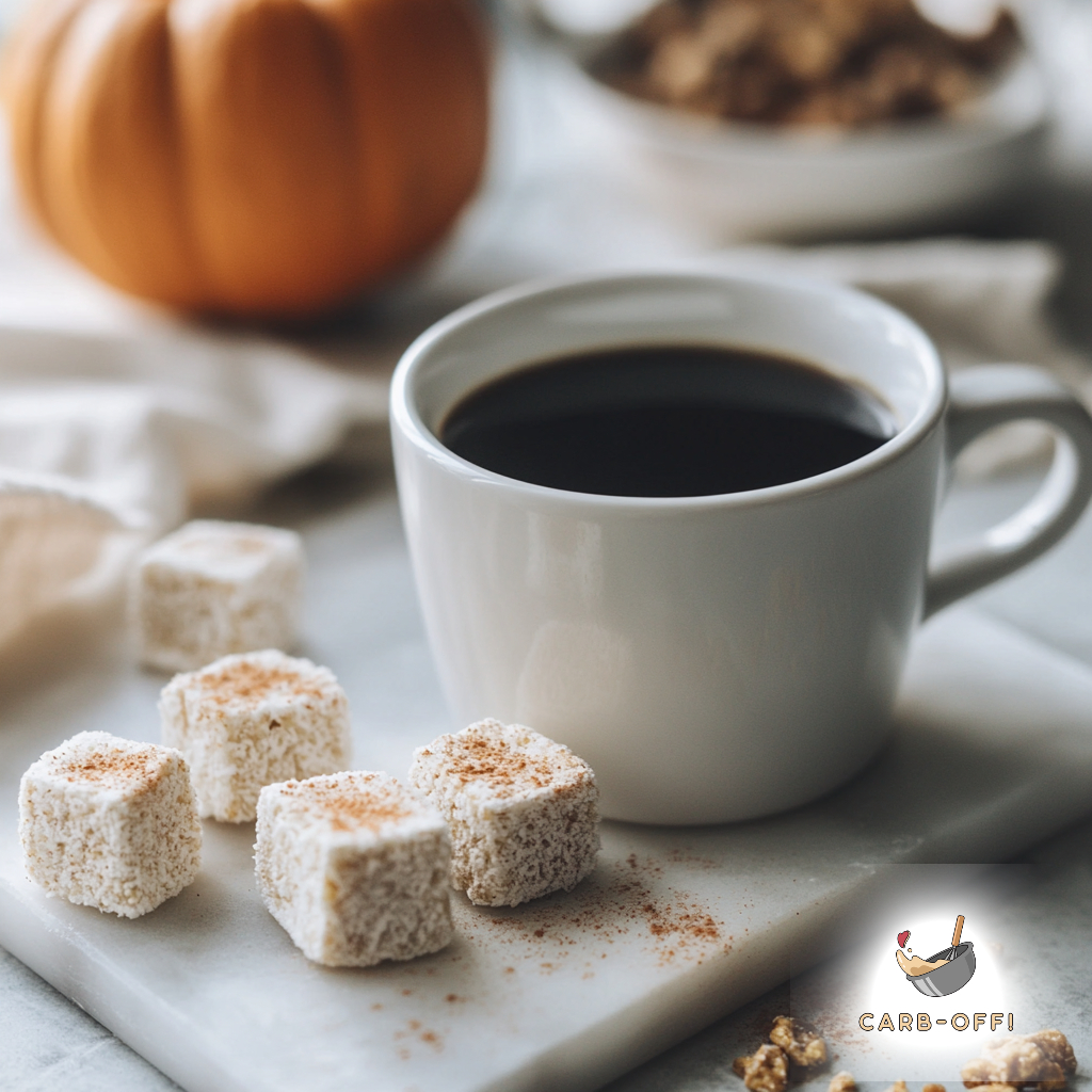 White cup of black coffee or a white rectangular saucer were there are also placed five off-white square fat bombs dusted with an orange powder and a small pumpkin in the background