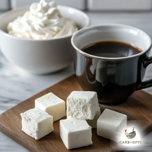 Black cup of black coffee on a wooden board behind five off white, square pieces of energy bombs and a white bowl filled up with whipped cream in the background