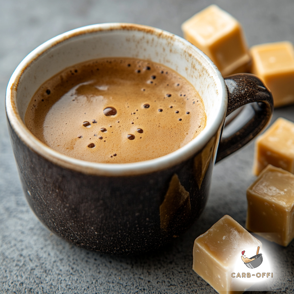 Black cup with Turkish coffee surrounded by square, light brown toffee caramel pieces
