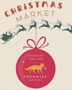 Informative poster in pastel colours, advertising a Christmas market in Hitchin organised by Foxholes nursing home