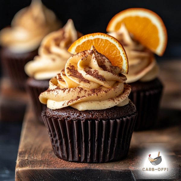 Three chocolate cupcakes with light orange frosting and a slice of orange on each of them , on a rectangular wooden board