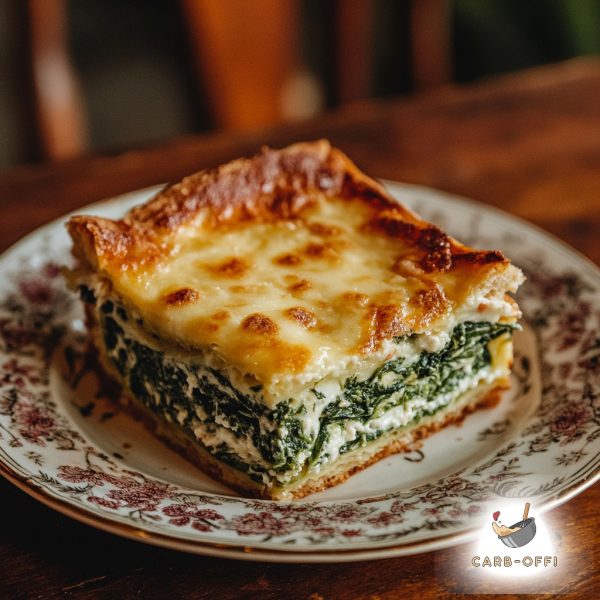 Square piece of spinach soufflé with browned top cheese layer on a vintage round dish on a wooden table