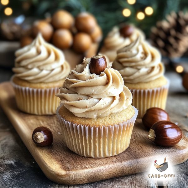 Three vanilla cupcakes with off-brown frosting topped with small chestnuts, on a wooden rectangular board and subtle Christmas decorations in the background