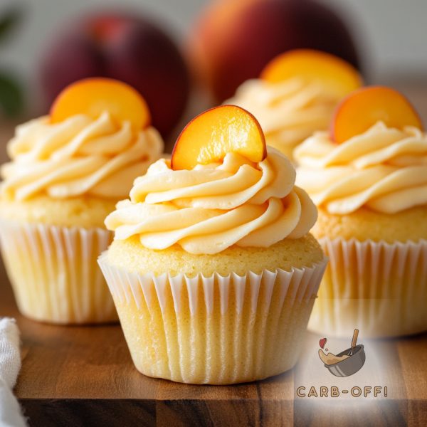 Four vanilla cupcakes with light orange peach flavour frosting and a small slice of peach on each on a rectangular wooden board