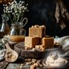 Wooden board with square large pieces of butterscotch fudge next to a wooden spoon