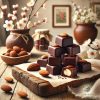 Dark chocolate pralines stacked on a wooden board with vases with white flowers and a bowl of almonds in the background.
