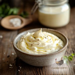 Vintage bowl with creamy mayonnaise and a few black pepper corns on a wooden table with a wooden spoon and mayonnaise in a glass jar in the background