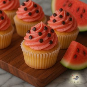 Close up of vanilla cupcakes with light red watermelon flavoured frosting and mini dark chocolate chips on a wooden board, with half watermelon slices in the background