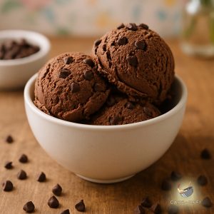 Three scoops of bitter chocolate ice cream with chocolate chips in a white bowl on a wooden table sprinkled with choc chips
